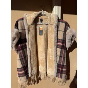 Jones New York Faux Fur Plaid Fringe Wrap Cape – Camel/Red – NWT